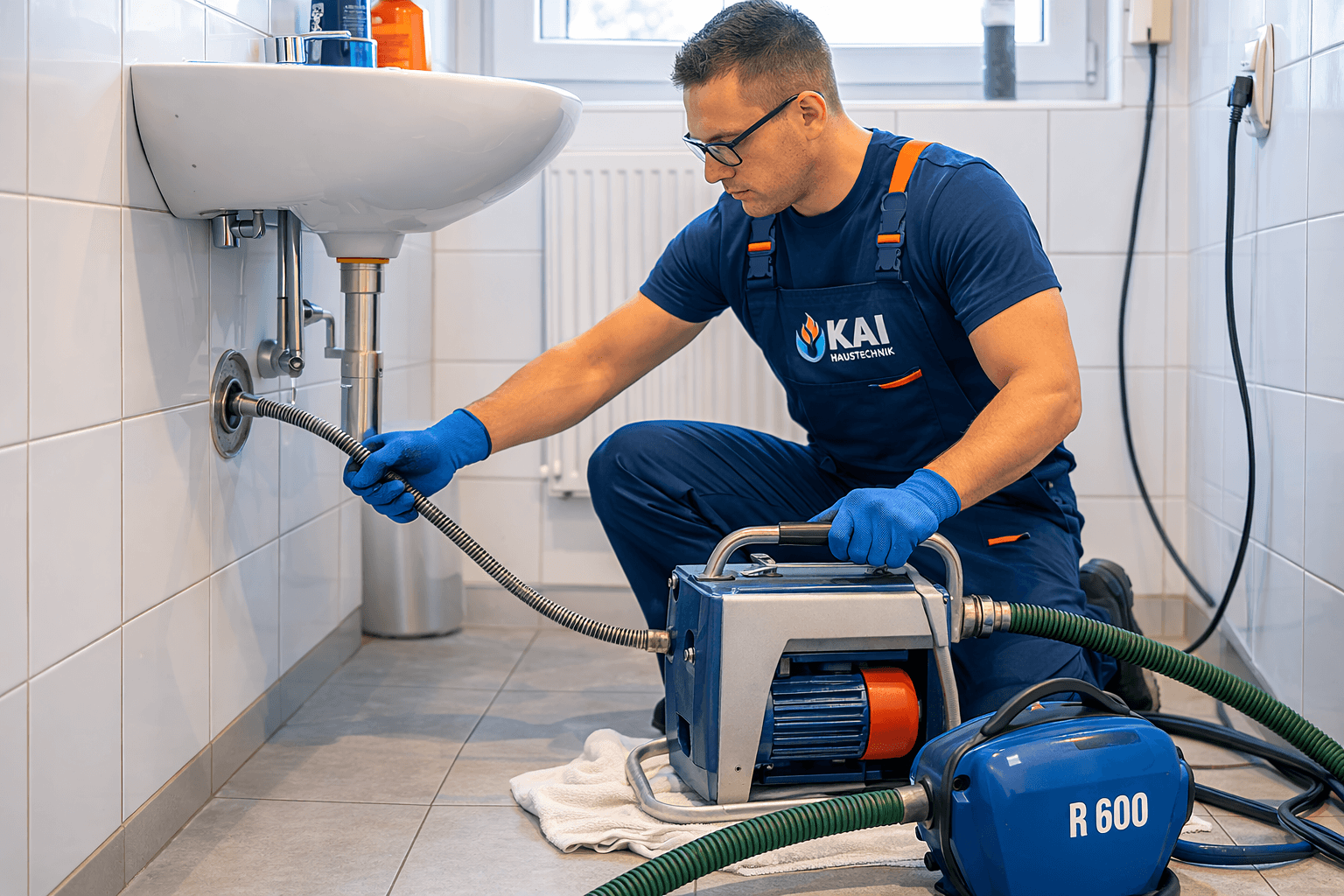Kai Haustechnik - Techniker behebt eine Verstopfung im Badezimmerwaschbecken